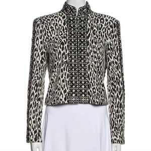 Marchesa Voyage Animal Print Cropped Lace Up Accent Military Band Style Jacket 4